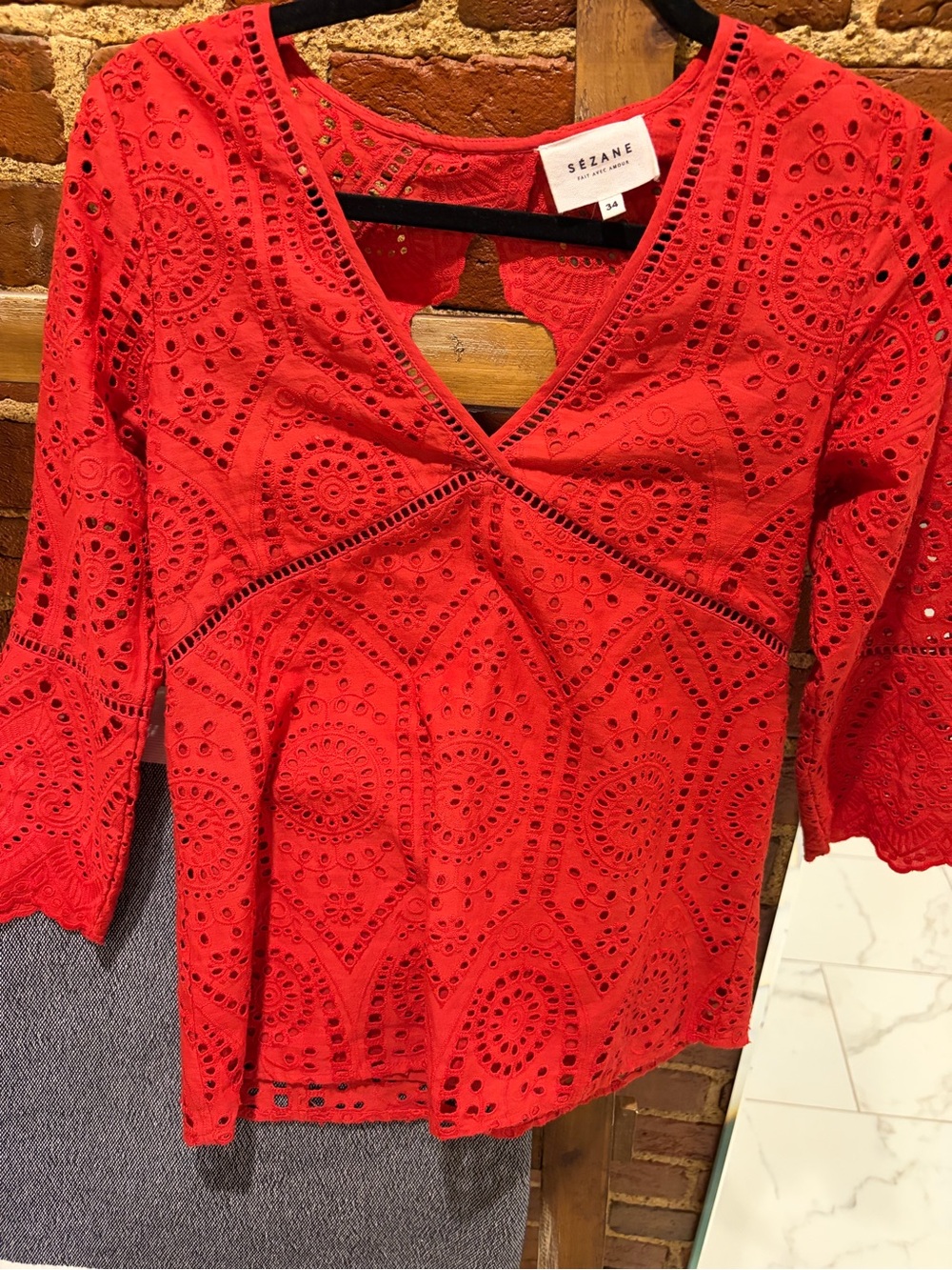 Sezane Andrea Eyelet Embroidered Blouse 3/4 Sleeves Burnt Red 34 Small